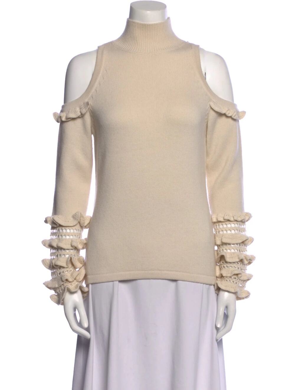 Jonathan Simkhai Cream Cold Shoulder Crochet Ruffle Turtleneck Sweater Top S